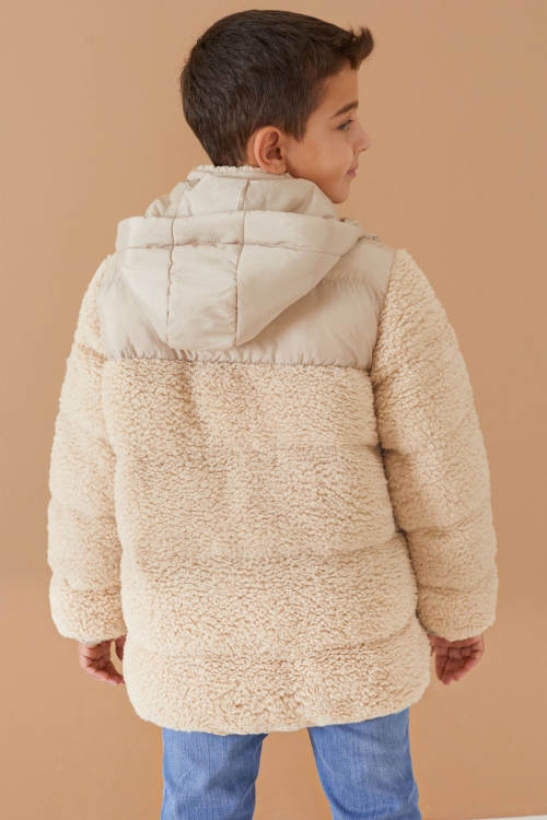 Krem Kapüşonlu Astarlı Erkek Çocuk Peluş Mont 19322