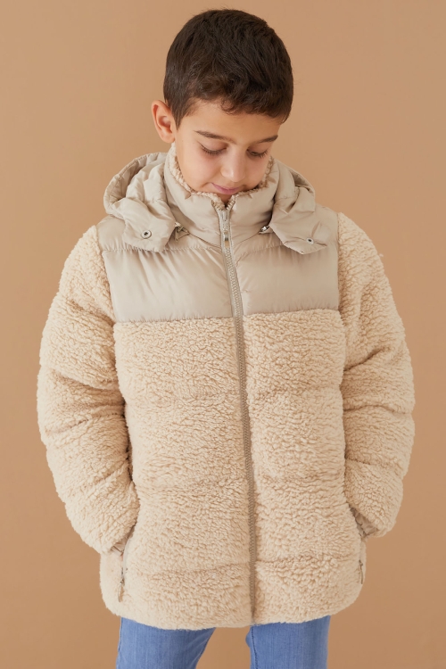 Krem Kapüşonlu Astarlı Erkek Çocuk Peluş Mont 19322