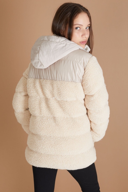 Krem Kapüşonlu Astarlı Kız Çocuk Peluş Mont 19318