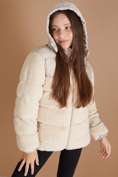 Krem Kapüşonlu Astarlı Kız Çocuk Peluş Mont 19318