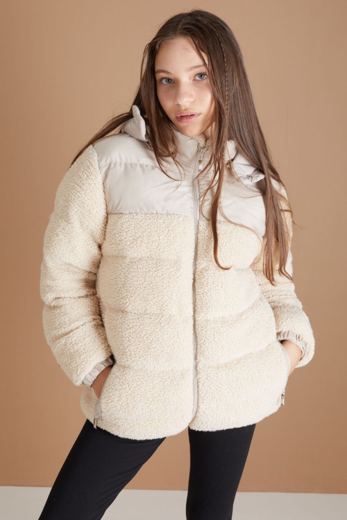 Krem Kapüşonlu Astarlı Kız Çocuk Peluş Mont 19318