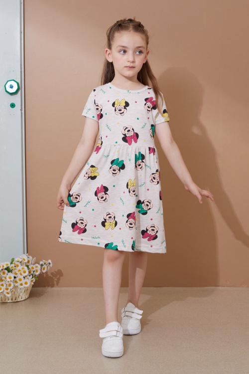 Krem Karakter Baskılı Kısa Kollu Kız Çocuk Yazlık Elbise 18989