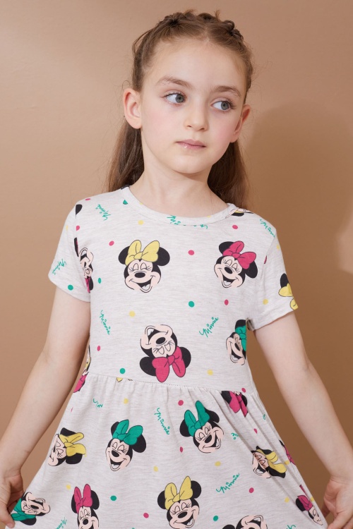 Krem Karakter Baskılı Kısa Kollu Kız Çocuk Yazlık Elbise 18989