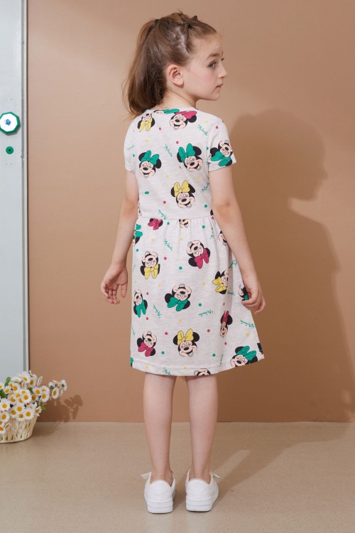 Krem Karakter Baskılı Kısa Kollu Kız Çocuk Yazlık Elbise 18989
