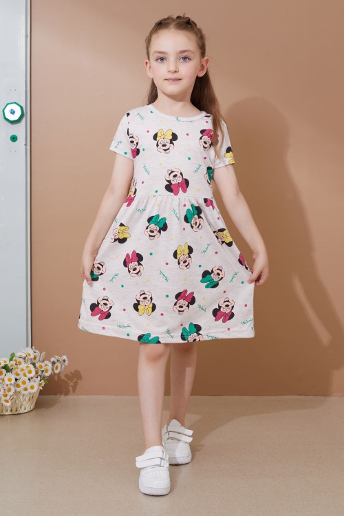 Krem Karakter Baskılı Kısa Kollu Kız Çocuk Yazlık Elbise 18989