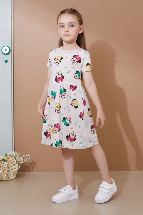 Krem Karakter Baskılı Kısa Kollu Kız Çocuk Yazlık Elbise 18989