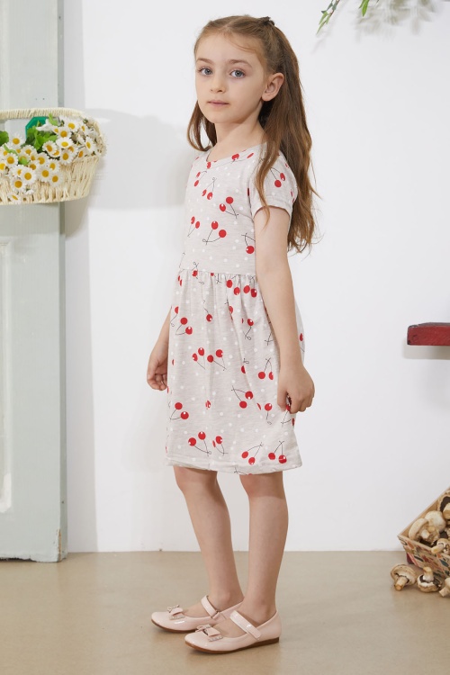Krem Kiraz Baskılı Kısa Kollu Kız Çocuk Yazlık Elbise 18786