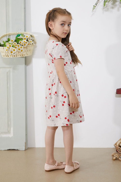 Krem Kiraz Baskılı Kısa Kollu Kız Çocuk Yazlık Elbise 18786