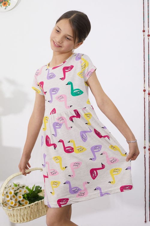 Krem Kuğu Baskılı Kısa Kollu Kız Çocuk Yazlık Elbise