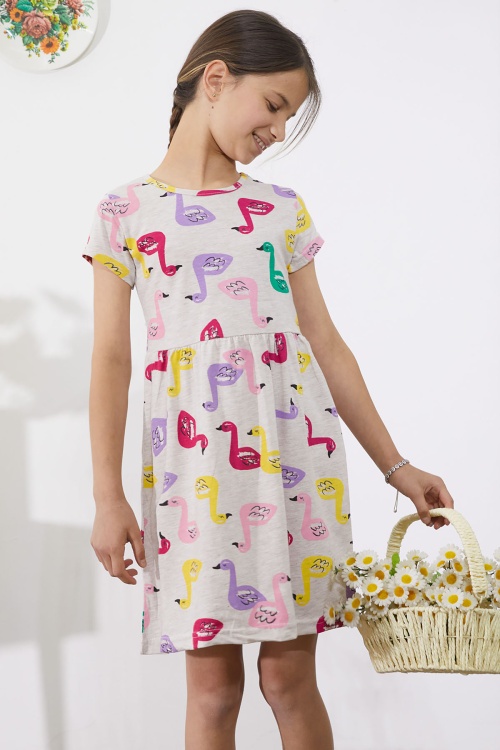 Krem Kuğu Baskılı Kısa Kollu Kız Çocuk Yazlık Elbise