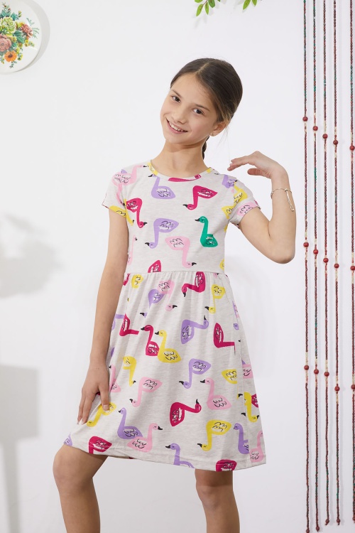 Krem Kuğu Baskılı Kısa Kollu Kız Çocuk Yazlık Elbise