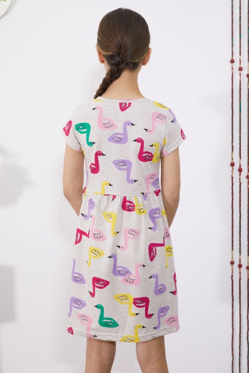 Krem Kuğu Baskılı Kısa Kollu Kız Çocuk Yazlık Elbise