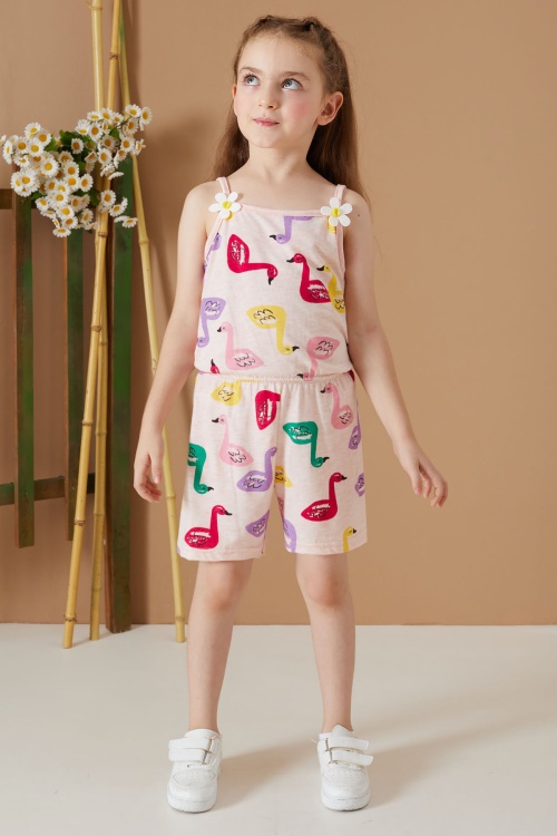 Krem Kuğu Baskılı Yazlık Kız Çocuk Şort Tulum