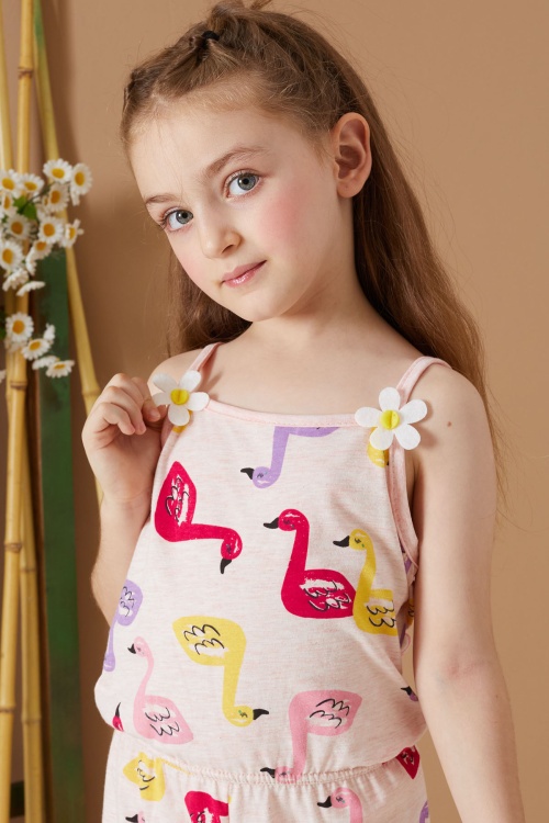 Krem Kuğu Baskılı Yazlık Kız Çocuk Şort Tulum