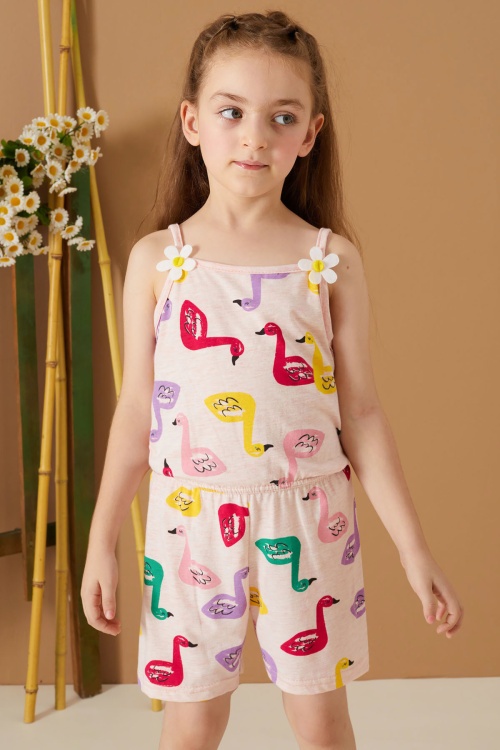 Krem Kuğu Baskılı Yazlık Kız Çocuk Şort Tulum