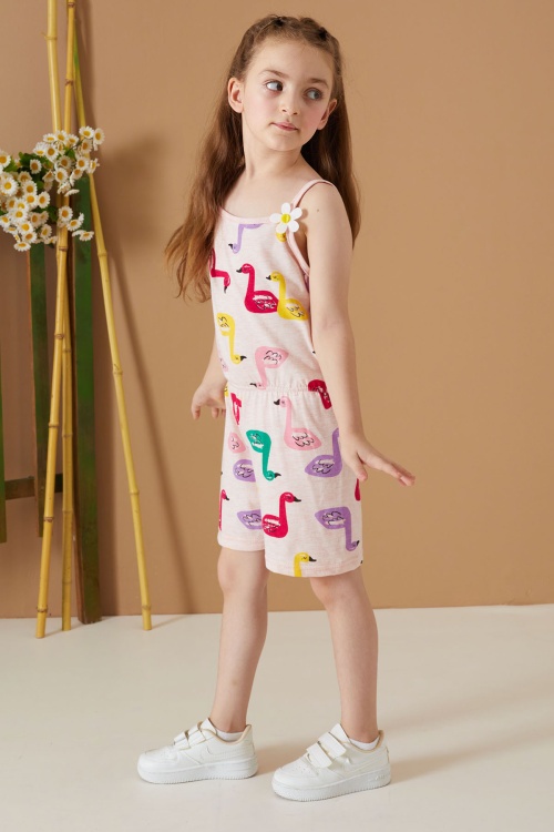 Krem Kuğu Baskılı Yazlık Kız Çocuk Şort Tulum