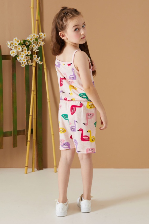 Krem Kuğu Baskılı Yazlık Kız Çocuk Şort Tulum