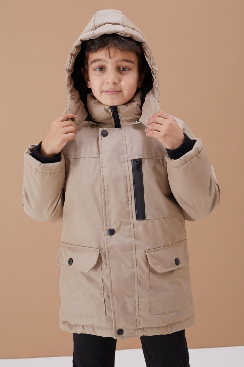 Krem Kürklü Kapüşonlu Fermuarlı Göğüs Cepli Erkek Çocuk Mont 19099