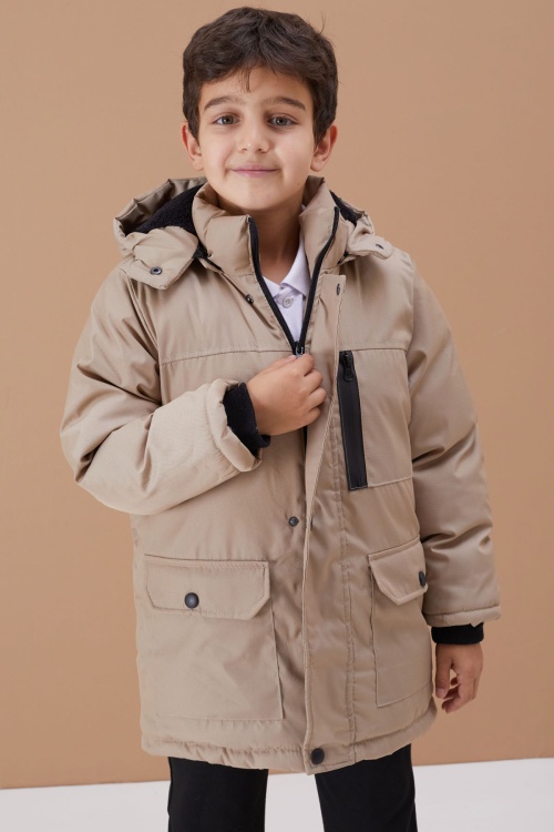 Krem Kürklü Kapüşonlu Fermuarlı Göğüs Cepli Erkek Çocuk Mont 19099
