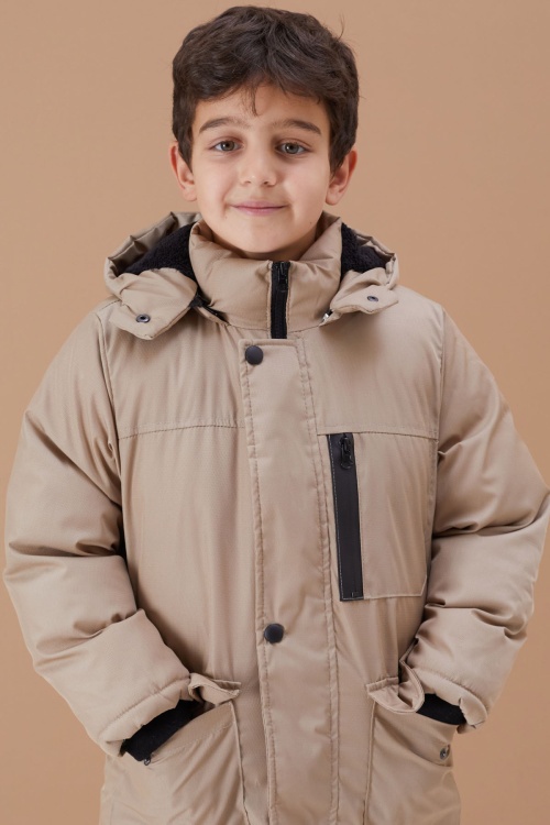 Krem Kürklü Kapüşonlu Fermuarlı Göğüs Cepli Erkek Çocuk Mont 19099