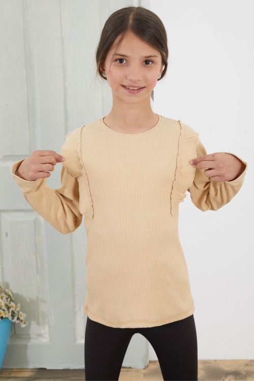 Krem Omzu Fırfırlı Fitilli Kız Çocuk Uzun Kollu Badi 18756