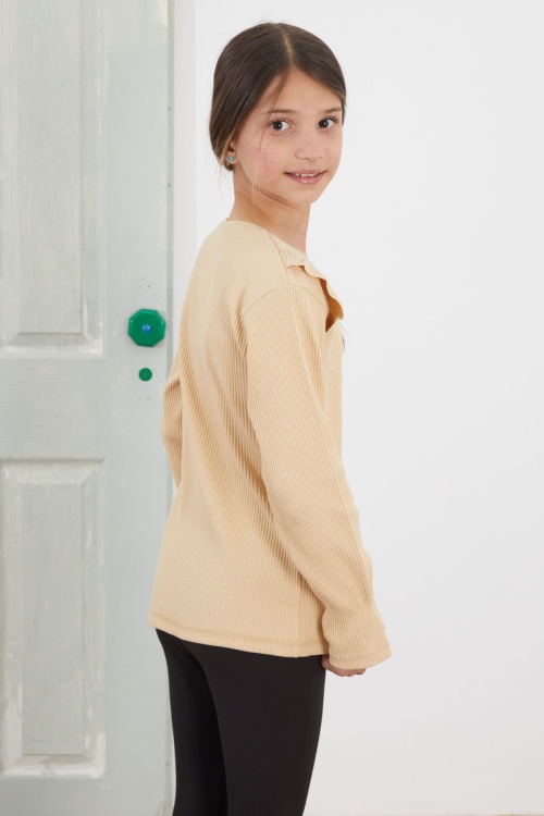 Krem Omzu Fırfırlı Fitilli Kız Çocuk Uzun Kollu Badi 18756