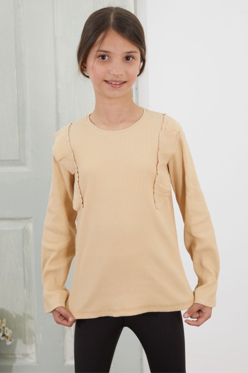 Krem Omzu Fırfırlı Fitilli Kız Çocuk Uzun Kollu Badi 18756