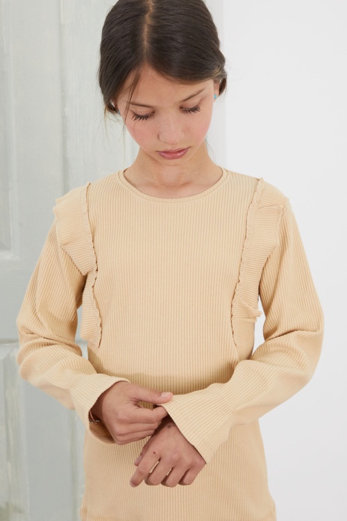 Krem Omzu Fırfırlı Fitilli Kız Çocuk Uzun Kollu Badi 18756