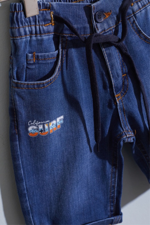 Krem Polo Yaka Surf Baskılı Jean Şortlu Erkek Çocuk Takım 18920