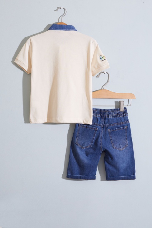 Krem Polo Yaka Surf Baskılı Jean Şortlu Erkek Çocuk Takım 18920
