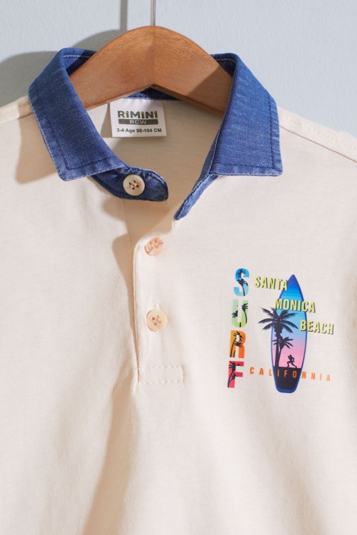 Krem Polo Yaka Surf Baskılı Jean Şortlu Erkek Çocuk Takım 18920