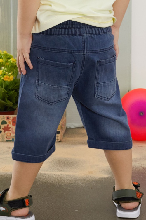 Krem Skate Baskılı Polo Yaka Erkek Çocuk Jean Şortlu Takım 18745