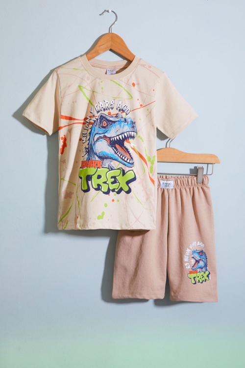 Krem T-rex Baskılı Yazılı Erkek Çocuk Şortlu Takım 18709