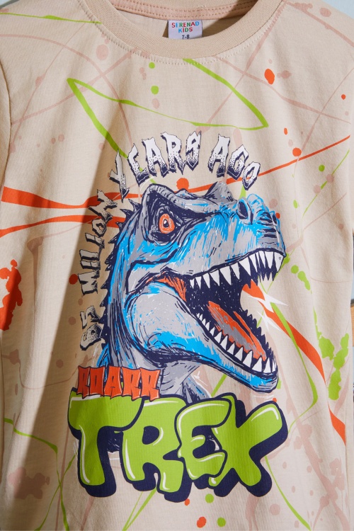 Krem T-rex Baskılı Yazılı Erkek Çocuk Şortlu Takım 18709