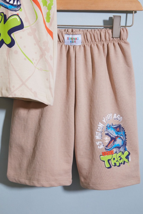Krem T-rex Baskılı Yazılı Erkek Çocuk Şortlu Takım 18709