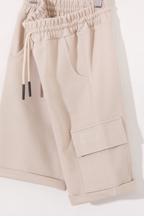 Krem Tek Kargo Cepli Erkek Çocuk Düz Şort 18807