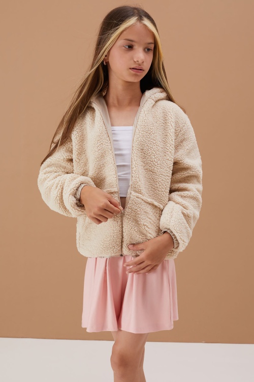 Krem Kız Çocuk Kapüşonlu Peluş Hırka 5-15 Yaş 19101