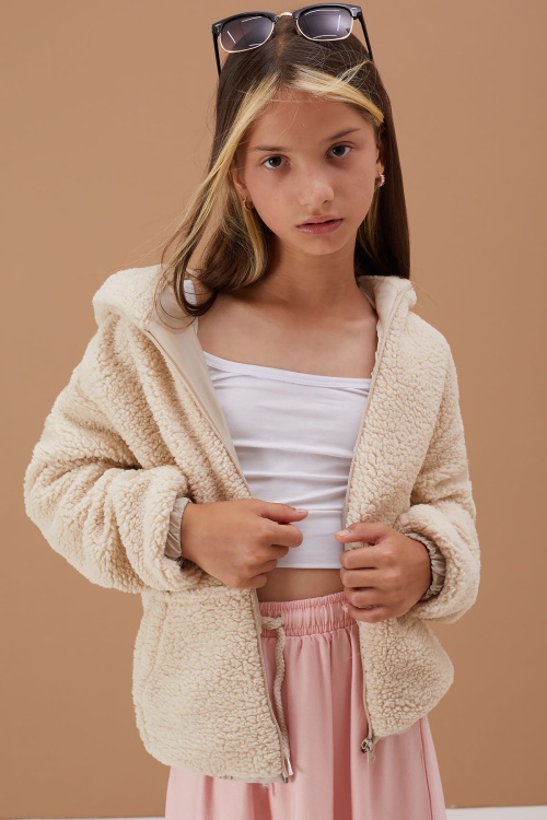 Krem Kız Çocuk Kapüşonlu Peluş Hırka 5-15 Yaş 19101