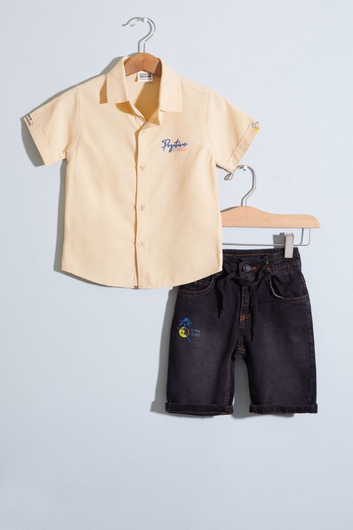 Krem Yazı Baskılı Gömlekli Jean Şortlu Erkek Çocuk Takım 18968