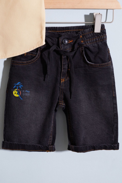 Krem Yazı Baskılı Gömlekli Jean Şortlu Erkek Çocuk Takım 18968