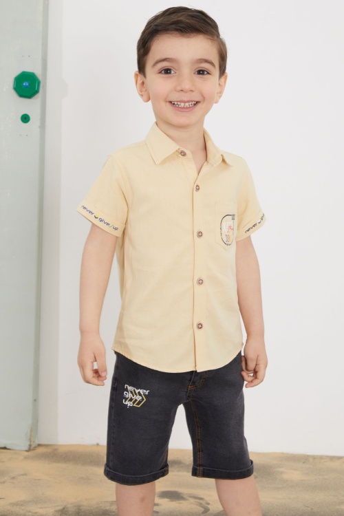 Krem Yazılı Kısa Kol Gömlekli Jean Şortlu Erkek Çocuk Takım 18759
