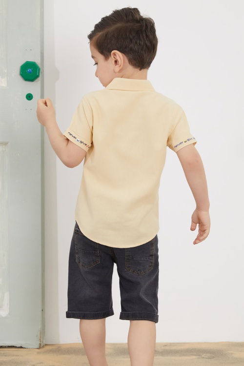 Krem Yazılı Kısa Kol Gömlekli Jean Şortlu Erkek Çocuk Takım 18759