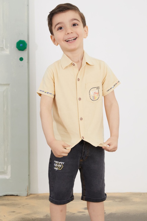 Krem Yazılı Kısa Kol Gömlekli Jean Şortlu Erkek Çocuk Takım 18759