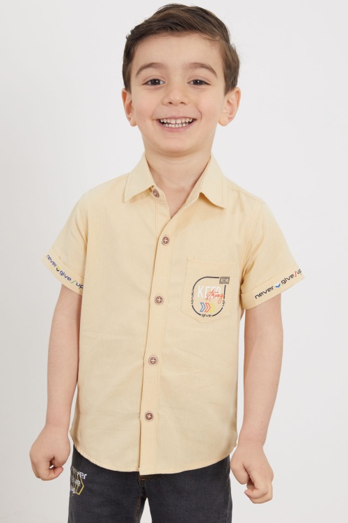 Krem Yazılı Kısa Kol Gömlekli Jean Şortlu Erkek Çocuk Takım 18759