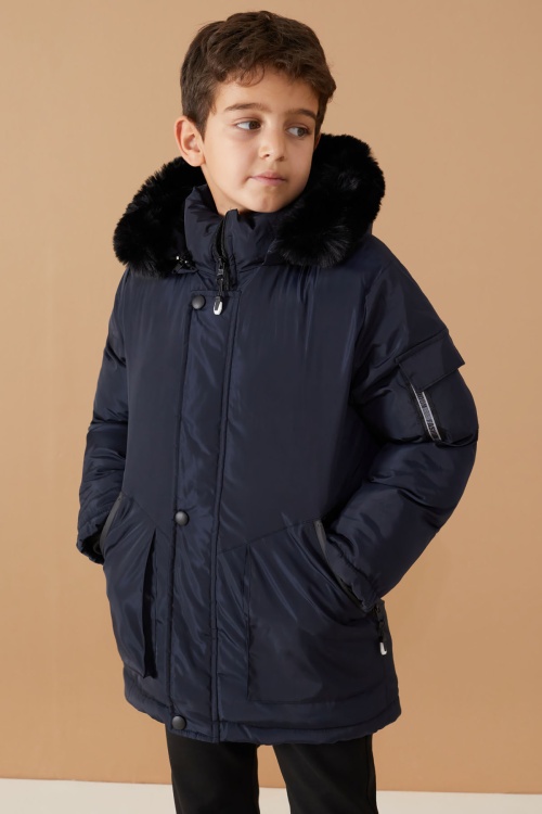 Lacivert İçi Kürklü Kol Cep Detaylı Erkek Çocuk Kapüşonlu Mont 19057