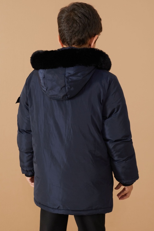 Lacivert İçi Kürklü Kol Cep Detaylı Erkek Çocuk Kapüşonlu Mont 19057