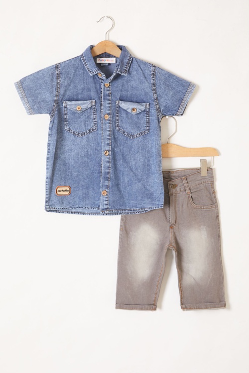 Lacivert Kısa Kol Gömlekli Şortlu Erkek Çocuk Jean Takım 19213