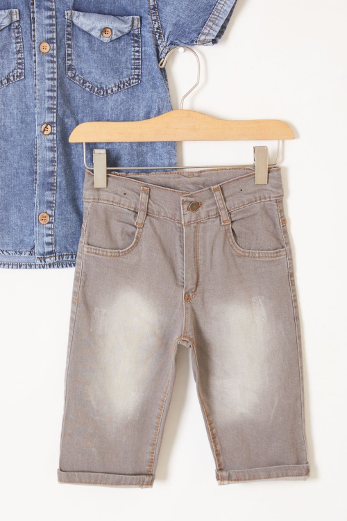 Lacivert Kısa Kol Gömlekli Şortlu Erkek Çocuk Jean Takım 19213