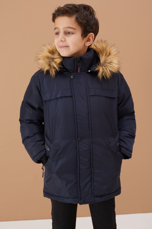 Lacivert Kürklü Kapüşonlu Yazı Şeritli Erkek Çocuk Şişme Mont 19073