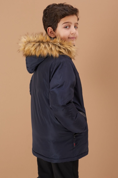 Lacivert Kürklü Kapüşonlu Yazı Şeritli Erkek Çocuk Şişme Mont 19073